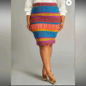 D’iyanu Hadiza Orange Teal Adire Afircan Print Stretch Pencil Skirt Size 1X